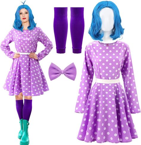 Mepase 4 Pcs Halloween Women Costume Accessories Set Purple Party Dot Dress Costume Wavy Blue Wig Purple Bow Hairpins Knee Pad for Halloween Cosplay Party Women Movie Festival in Saudi Arabia