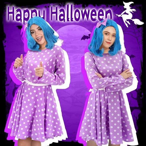 Mepase 4 Pcs Halloween Women Costume Accessories Set Purple Party Dot Dress Costume Wavy Blue Wig Purple Bow Hairpins Knee Pad for Halloween Cosplay Party Women Movie Festival in Saudi Arabia