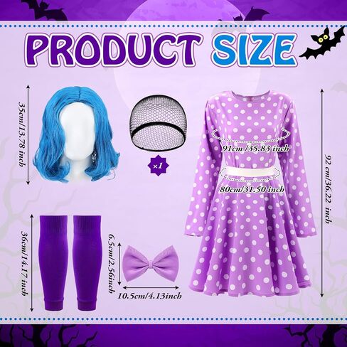 Mepase 4 Pcs Halloween Women Costume Accessories Set Purple Party Dot Dress Costume Wavy Blue Wig Purple Bow Hairpins Knee Pad for Halloween Cosplay Party Women Movie Festival in Saudi Arabia