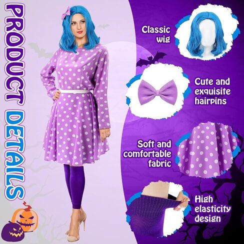 Mepase 4 Pcs Halloween Women Costume Accessories Set Purple Party Dot Dress Costume Wavy Blue Wig Purple Bow Hairpins Knee Pad for Halloween Cosplay Party Women Movie Festival in Saudi Arabia