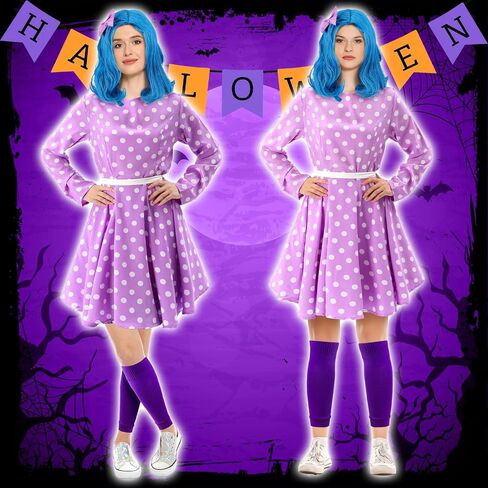 Mepase 4 Pcs Halloween Women Costume Accessories Set Purple Party Dot Dress Costume Wavy Blue Wig Purple Bow Hairpins Knee Pad for Halloween Cosplay Party Women Movie Festival in Saudi Arabia
