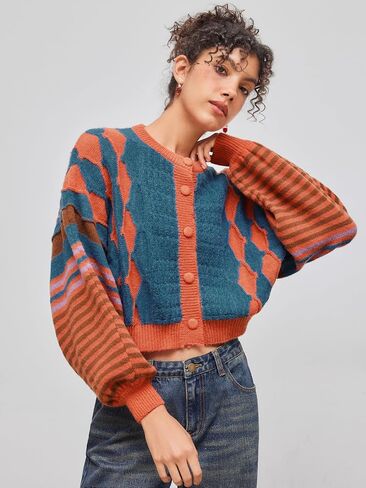 CIDER Cardigans for Women Trendy Crew Neck Striped Geometric Knit Cardigan Oversized Button Up Knitwear in Saudi Arabia