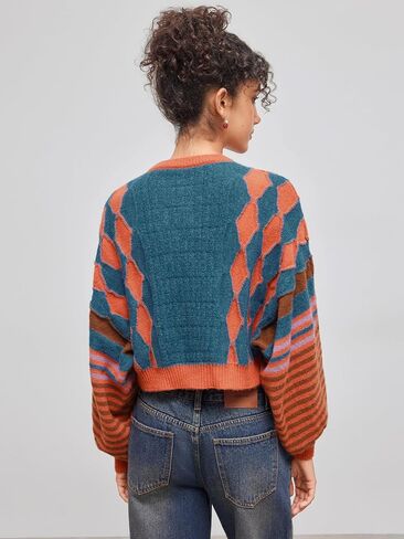 CIDER Cardigans for Women Trendy Crew Neck Striped Geometric Knit Cardigan Oversized Button Up Knitwear in Saudi Arabia