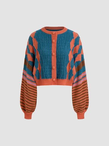 CIDER Cardigans for Women Trendy Crew Neck Striped Geometric Knit Cardigan Oversized Button Up Knitwear in Saudi Arabia