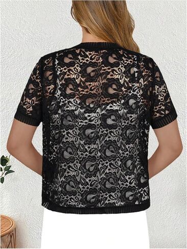 WDIRARA Women's Lace Open Front Cardigan Sheer Short Sleeve Bolero Shrug Lightweight Cardigans in Saudi Arabia