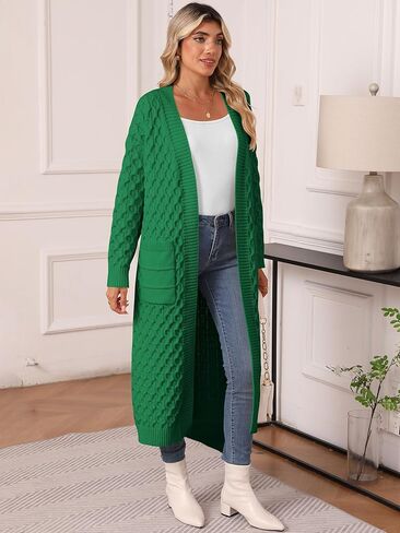 سترات نسائية طويلة صوفية خريفية مفتوحة من الأمام معطف طويل الأكمام منسوج بكابل ملابس خارجية طويلة ملابس سترة عصرية in Kuwait