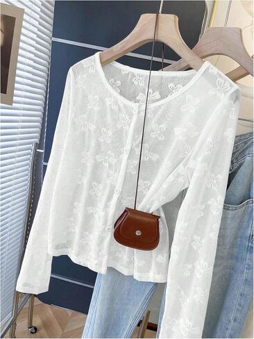 OYOANGLE Women's Sheer Mesh Button Front Cardigan Casual Long Sleeve Lightweight Cardigans in Saudi Arabia
