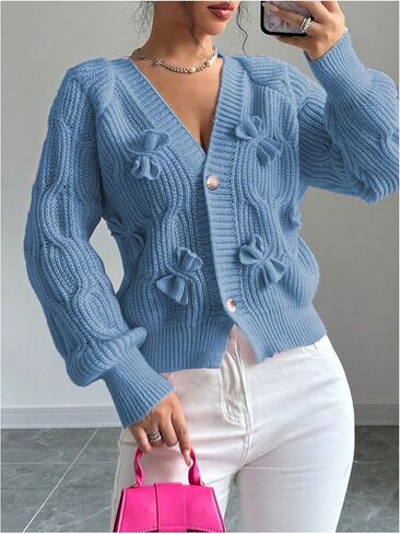 OYOANGLE Women's Casual Solid Color Bow Decorated V Neck Cardigan Button Front Long Sleeve Lightweight Sweater Cardigan in Saudi Arabia