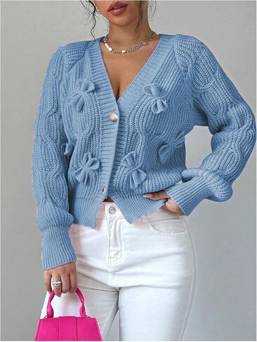 OYOANGLE Women's Casual Solid Color Bow Decorated V Neck Cardigan Button Front Long Sleeve Lightweight Sweater Cardigan in Saudi Arabia