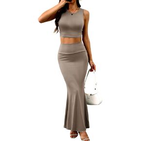 ELLEVEN 2 Piece Maxi Skirt Sets for Women - Sexy Summer Outfits Knit Bodycon Crop Tank Top and Mermaid Skirt Dress Set in Saudi Arabia