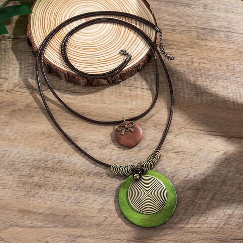 FUTIMELY Long Boho Necklaces for Women,Vintage Ethnic Stackable Leather Cord Long Necklace,Wooden Round Pendant Sweater Necklace in Kuwait