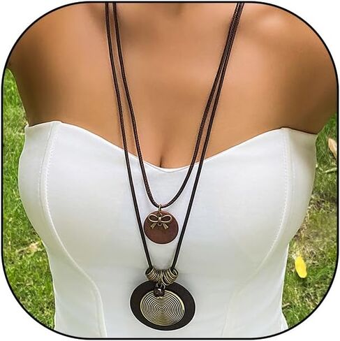 FUTIMELY Long Boho Necklaces for Women,Vintage Ethnic Stackable Leather Cord Long Necklace,Wooden Round Pendant Sweater Necklace in Kuwait