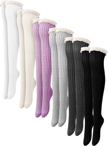 6 Pairs Women Cotton Knit Boot Socks Lace Trim Knee High Stockings Slouch Stacked Scrunch Socks in Saudi Arabia