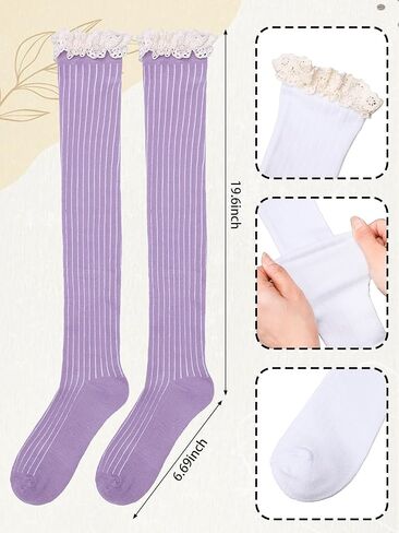 6 Pairs Women Cotton Knit Boot Socks Lace Trim Knee High Stockings Slouch Stacked Scrunch Socks in Saudi Arabia
