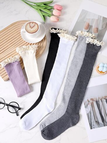 6 Pairs Women Cotton Knit Boot Socks Lace Trim Knee High Stockings Slouch Stacked Scrunch Socks in Saudi Arabia