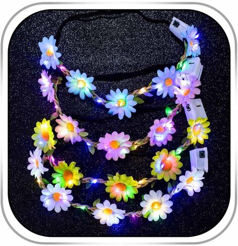 Foyte 4PCS Light Up Sunflower Headbands Daisy Floral Crown Hawaiian Headpieces Fairy Flower Hair Accessories for Summer Party (white,green,pink,blue, a) in Kuwait