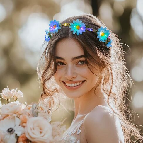 Foyte 4PCS Light Up Sunflower Headbands Daisy Floral Crown Hawaiian Headpieces Fairy Flower Hair Accessories for Summer Party (white,green,pink,blue, a) in Kuwait