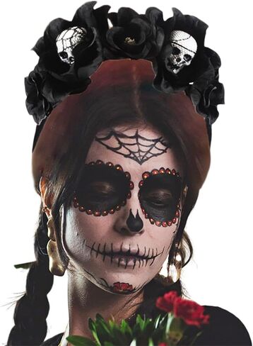 EARENT Halloween Rose Skull Headband Black Flower Crown Hair Bands Gothic Floral Leaf Veils Hair Hoops Headpieces Costume Party Masquerade Decoration Hair Accessories for Women in Saudi Arabia