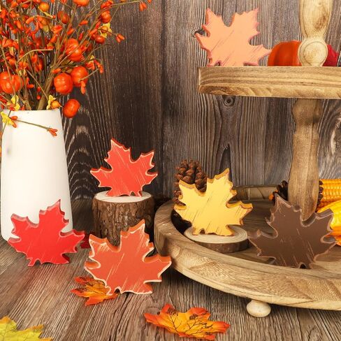 COCHIE Wooden Fall Leaves Decorations for Home Office Indoor, Farmhouse Thanksgiving Table Tiered Tray Decor Set of 6, Vintage Fall Harvest Maple Leaf Block Signs Tabletop Shelf Decoration (Retro) in Saudi Arabia