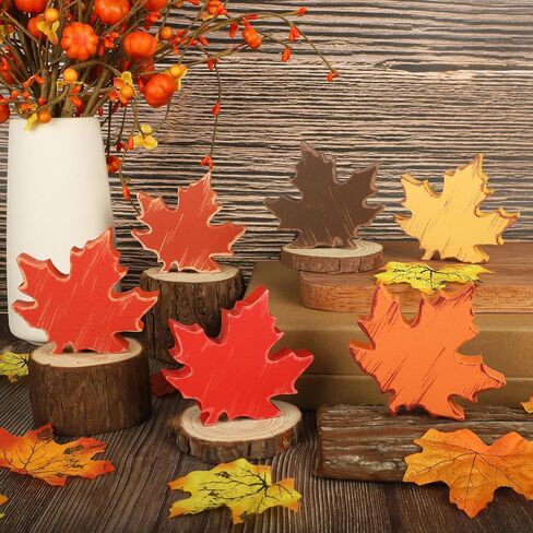 COCHIE Wooden Fall Leaves Decorations for Home Office Indoor, Farmhouse Thanksgiving Table Tiered Tray Decor Set of 6, Vintage Fall Harvest Maple Leaf Block Signs Tabletop Shelf Decoration (Retro) in Saudi Arabia