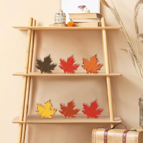 COCHIE Wooden Fall Leaves Decorations for Home Office Indoor, Farmhouse Thanksgiving Table Tiered Tray Decor Set of 6, Vintage Fall Harvest Maple Leaf Block Signs Tabletop Shelf Decoration (Retro) in Saudi Arabia