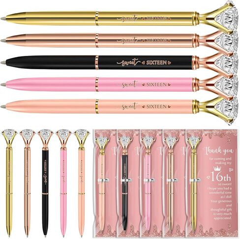 25 Sets Sweet 16th Birthday Party Favors for Guests, Include Sweet Sixteen Glitter Ballpoint Pens with Thank You Cards, Thank You for Coming to My 16 Years Birthday Party Supplies (Classic) in Kuwait