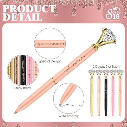 25 Sets Sweet 16th Birthday Party Favors for Guests, Include Sweet Sixteen Glitter Ballpoint Pens with Thank You Cards, Thank You for Coming to My 16 Years Birthday Party Supplies (Classic) in Kuwait