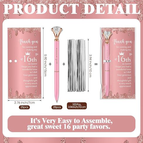 25 Sets Sweet 16th Birthday Party Favors for Guests, Include Sweet Sixteen Glitter Ballpoint Pens with Thank You Cards, Thank You for Coming to My 16 Years Birthday Party Supplies (Classic) in Kuwait