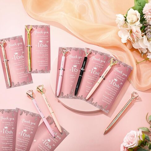 25 Sets Sweet 16th Birthday Party Favors for Guests, Include Sweet Sixteen Glitter Ballpoint Pens with Thank You Cards, Thank You for Coming to My 16 Years Birthday Party Supplies (Classic) in Kuwait