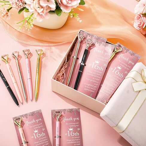 25 Sets Sweet 16th Birthday Party Favors for Guests, Include Sweet Sixteen Glitter Ballpoint Pens with Thank You Cards, Thank You for Coming to My 16 Years Birthday Party Supplies (Classic) in Kuwait