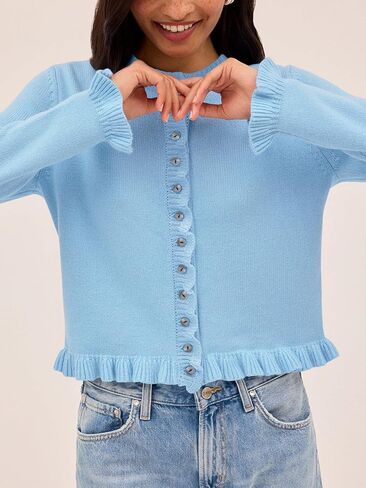 سترة نسائية من Balimtoy مقصوصة مكشكشة خفيفة الوزن بياقة دائرية وأكمام طويلة وأزرار سفلية من القطن سترات الخريف اللطيفة in Kuwait