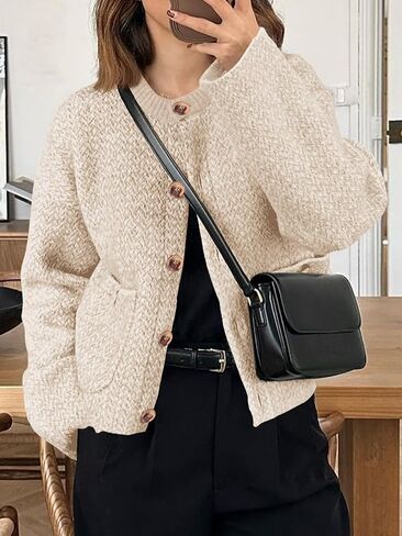 Saodimallsu Womens Cropped Knit Cardigans Fall Crewneck Button Long Sleeve Open Front Soft Sweater Jackets in Saudi Arabia