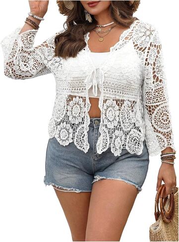 SHENHE Women's Plus Size Hollow Out Cardigan Lightweight Sheer Tie Front Boho Kimono in Saudi Arabia