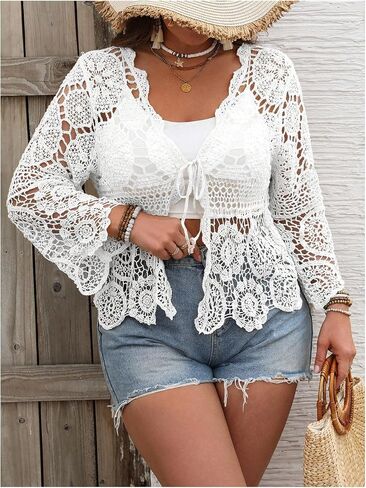 SHENHE Women's Plus Size Hollow Out Cardigan Lightweight Sheer Tie Front Boho Kimono in Saudi Arabia