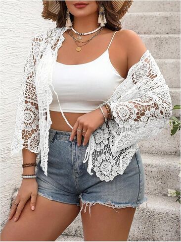 SHENHE Women's Plus Size Hollow Out Cardigan Lightweight Sheer Tie Front Boho Kimono in Saudi Arabia
