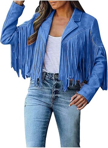 Cardigan with Tassels for Women Lapel Leather Jacket Casual Long Sleeve Jackets Fashion Streetwear in Saudi Arabia