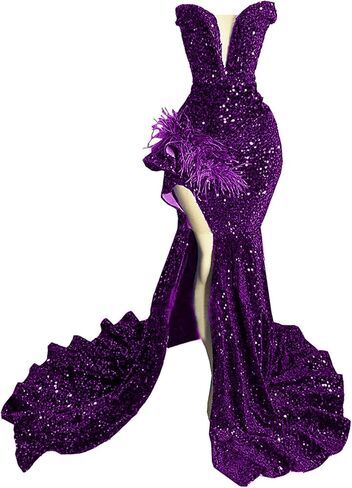 Sparkly Prom Dress Glitter Sequin Feather Split Pageant Celebrity Gala Evening Dress in Saudi Arabia