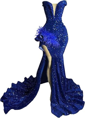 Sparkly Prom Dress Glitter Sequin Feather Split Pageant Celebrity Gala Evening Dress in Saudi Arabia