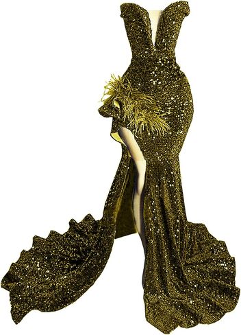 Sparkly Prom Dress Glitter Sequin Feather Split Pageant Celebrity Gala Evening Dress in Saudi Arabia