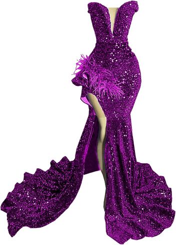 Sparkly Prom Dress Glitter Sequin Feather Split Pageant Celebrity Gala Evening Dress in Saudi Arabia