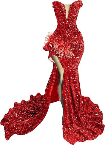 Sparkly Prom Dress Glitter Sequin Feather Split Pageant Celebrity Gala Evening Dress in Saudi Arabia