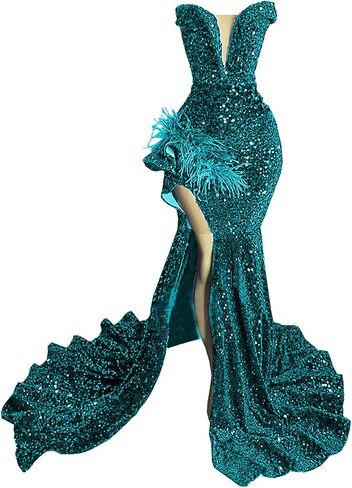 Sparkly Prom Dress Glitter Sequin Feather Split Pageant Celebrity Gala Evening Dress in Saudi Arabia