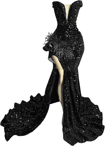 Sparkly Prom Dress Glitter Sequin Feather Split Pageant Celebrity Gala Evening Dress in Saudi Arabia