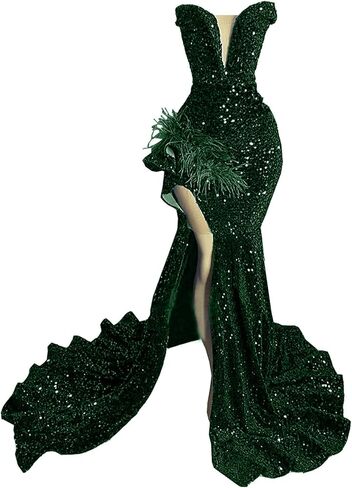 Sparkly Prom Dress Glitter Sequin Feather Split Pageant Celebrity Gala Evening Dress in Saudi Arabia