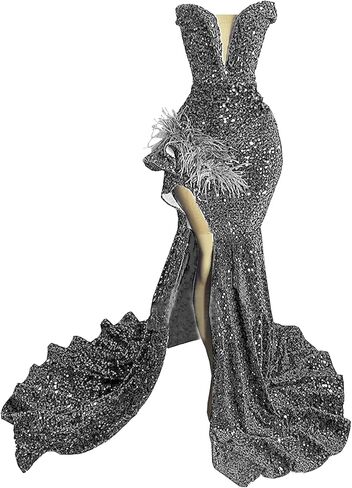 Sparkly Prom Dress Glitter Sequin Feather Split Pageant Celebrity Gala Evening Dress in Saudi Arabia
