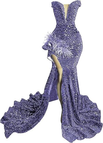 Sparkly Prom Dress Glitter Sequin Feather Split Pageant Celebrity Gala Evening Dress in Saudi Arabia