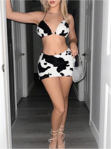 WDIRARA Women's Cow Print Fuzzy Bodycon Mini Skirt Sexy Low Rise Skirts in Saudi Arabia