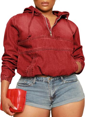 Women's Plus Size Half Zip Denim Hoodie Sweatshirt Pullover Jacket Jean Tops with Pockets in Kuwait