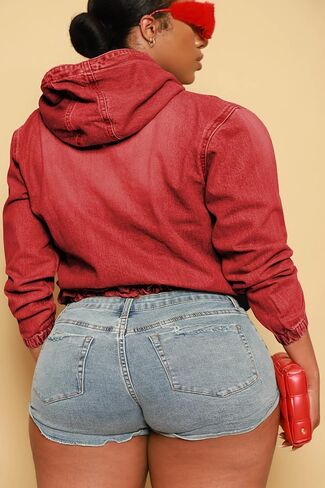 Women's Plus Size Half Zip Denim Hoodie Sweatshirt Pullover Jacket Jean Tops with Pockets in Kuwait