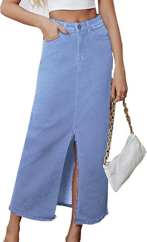 Denim Skirt for Women Midi Jeans Skirt A Line Slit Below The Knee Long Skirt in Saudi Arabia